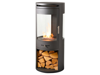 OKO S7 Bio Ethanol Panoramic Stove w Log Storage in Charcoal Grey
