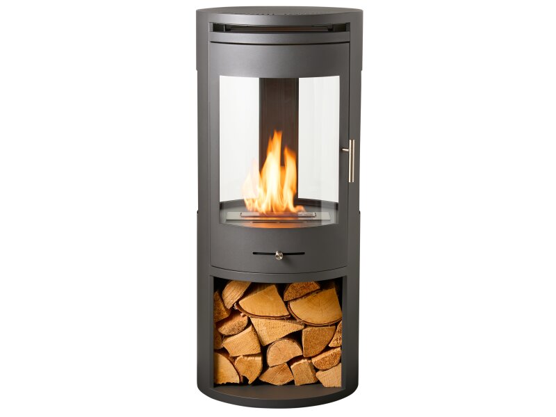 OKO S7 Bio Ethanol Panoramic Stove w Log Storage in Charcoal Grey