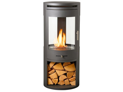 OKO S7 Bio Ethanol Panoramic Stove w Log Storage in Charcoal Grey