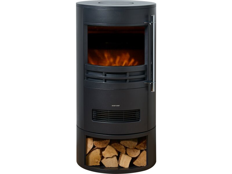 Sureflame Dunston Round Stove with Log Storage in Black