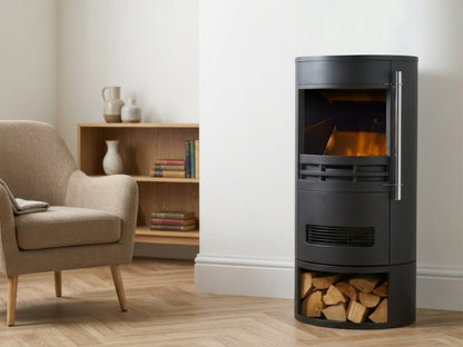 Sureflame Dunston Round Stove with Log Storage in Black