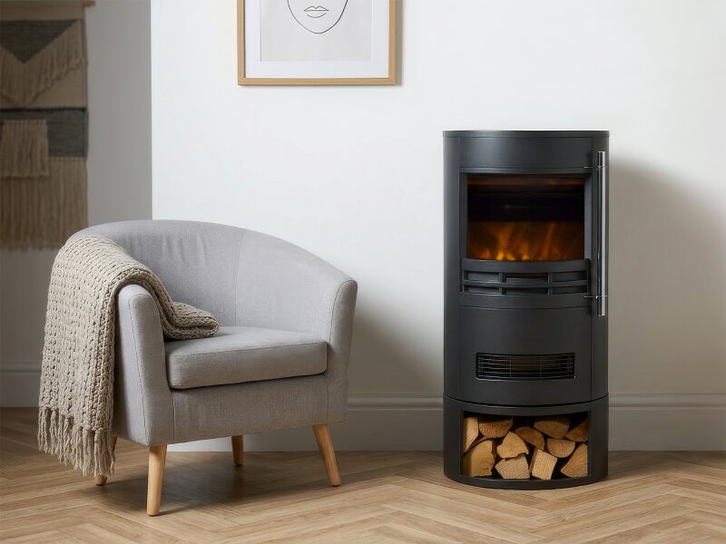 Sureflame Dunston Round Stove with Log Storage in Black