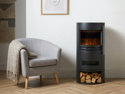 Sureflame Dunston Round Stove with Log Storage in Black