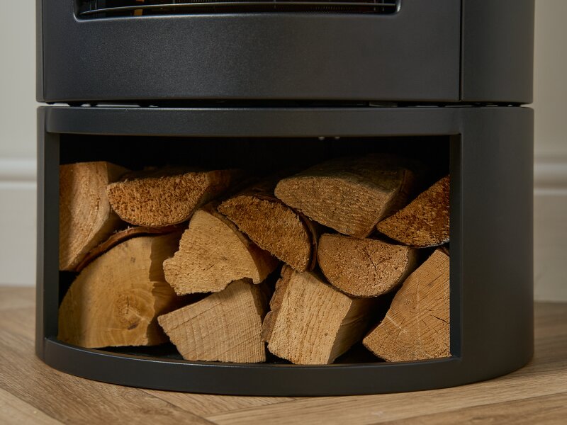 Sureflame Dunston Round Stove with Log Storage in Black