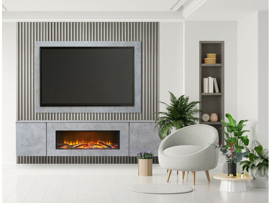 Acantha Orion XO Electric Floating Media Wall Suite in Concrete Effect with TV Board & Grey Oak Wall Panels