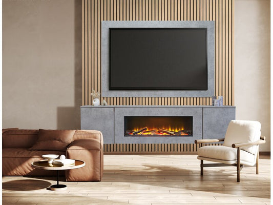 Acantha Orion XO Electric Floating Media Wall Suite in Concrete Effect with TV Board & Natural Oak Wall Panels