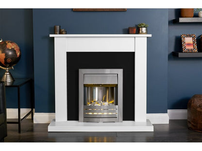 Adam Sutton Fireplace in Pure White & Black with Helios Electric Fire in Brushed Steel, 43 Inch