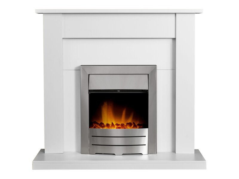 Adam Sutton Fireplace in Pure White with Colorado Electric Fire in Brushed Steel, 43 Inch