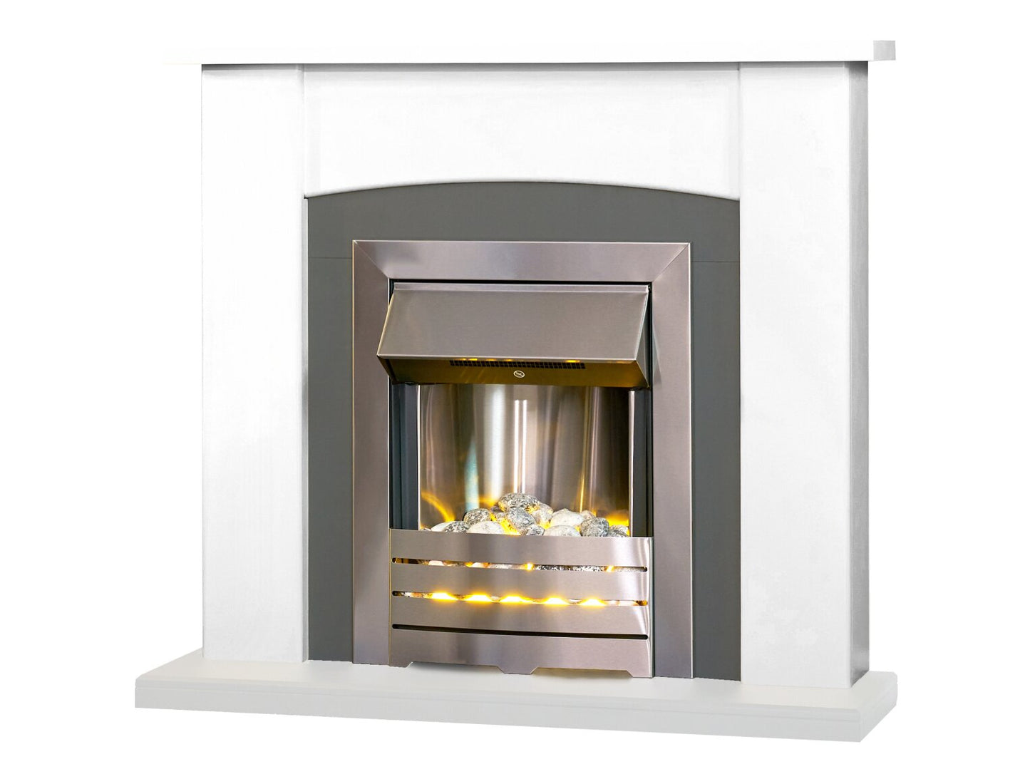 Adam Holden Fireplace in Pure White & Grey/White with Helios Electric Fire in Brushed Steel, 39 Inch