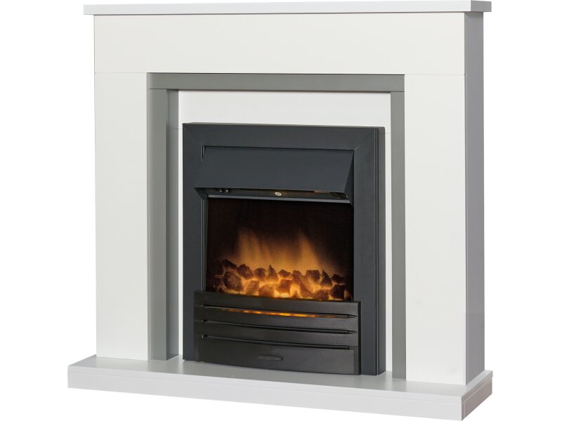 Adam Milan 39 Inch Fireplace in Pure White & Grey with Eclipse Electric Fire in Black, 39 Inch
