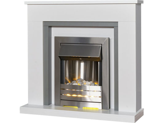 Adam Milan Fireplace in Pure White & Grey with Helios Electric Fire in Brushed Steel, 39 Inch
