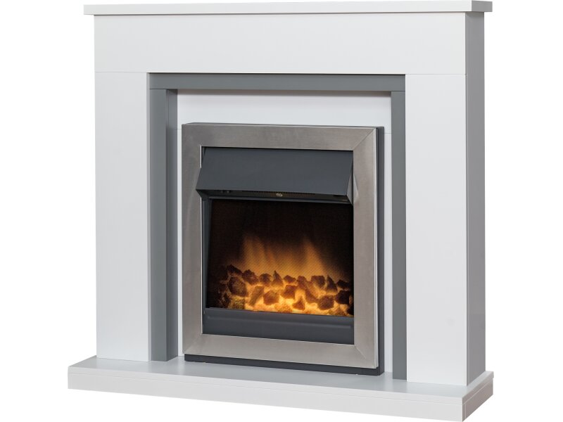 Adam Milan Fireplace in Pure White & Grey with Vancouver Electric Fire in Brushed Steel, 39 Inch