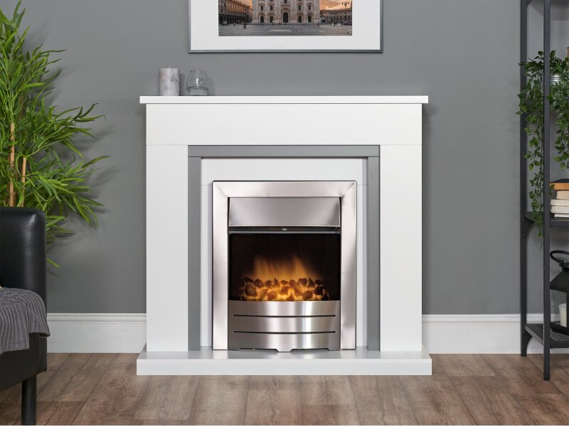 Adam Milan Fireplace Pure White & Grey w Colorado Electric Fire Brushed Steel, 39 Inch