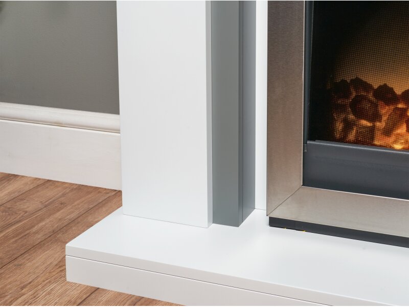 Adam Milan Fireplace in Pure White & Grey with Vancouver Electric Fire in Brushed Steel, 39 Inch