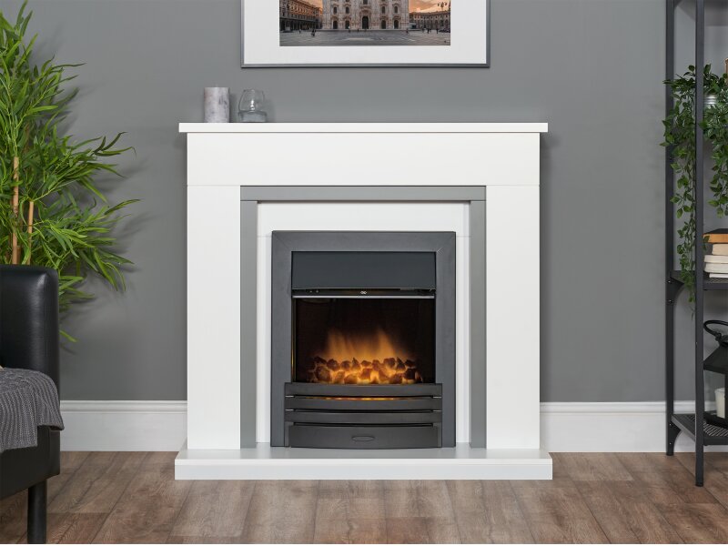 Adam Milan Fireplace in Pure White & Grey with Black Eclipse Electric Fire in Black, 39 Inch