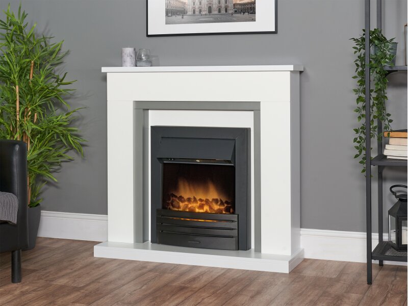 Adam Milan Fireplace in Pure White & Grey with Eclipse Electric Fire in Black, 39 Inch
