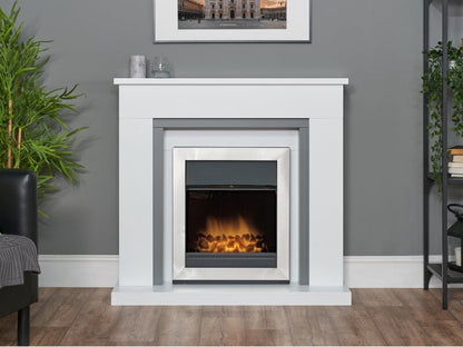 Adam Milan Fireplace in Pure White & Grey with Vancouver Electric Fire in Brushed Steel, 39 Inch