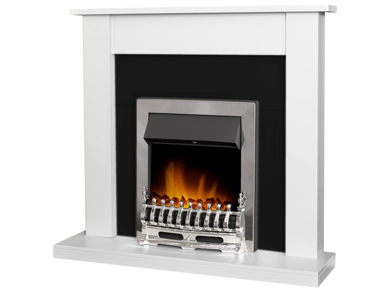 Adam Sutton Fireplace Pure White & Black w Blenheim Electric Fire Chrome, 43 Inch