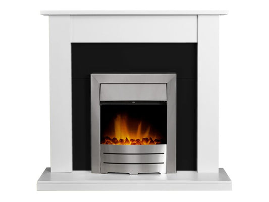 Adam Sutton Fireplace Pure White & Black w Colorado Electric Fire Brushed Steel, 43 Inch