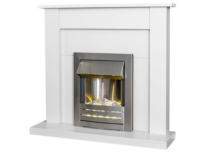 Adam Sutton Fireplace in Pure White & Black with Helios Electric Fire in Brushed Steel, 43 Inch