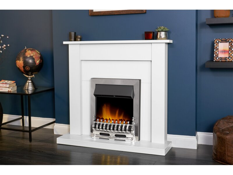 Adam Sutton Fireplace Pure White & Black w Blenheim Electric Fire Chrome, 43 Inch