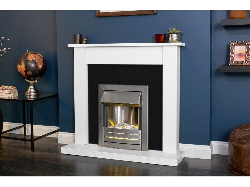 Adam Sutton Fireplace in Pure White & Black with Helios Electric Fire in Brushed Steel, 43 Inch