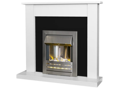 Adam Sutton Fireplace in Pure White & Black with Helios Electric Fire in Brushed Steel, 43 Inch