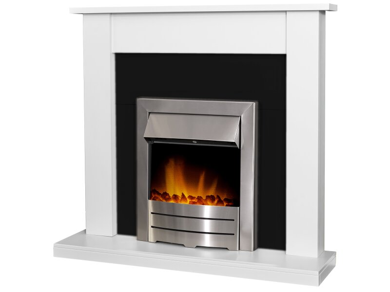 Adam Sutton Fireplace in Pure White with Colorado Electric Fire in Brushed Steel, 43 Inch