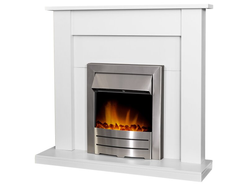 Adam Sutton 43 Inch Fireplace in Pure White with Colorado Electric Fire in Brushed Steel, 43 Inch