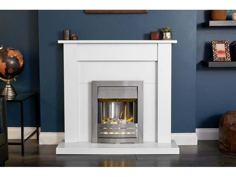 Adam Sutton Fireplace in Pure White & Black with Helios Electric Fire in Brushed Steel, 43 Inch