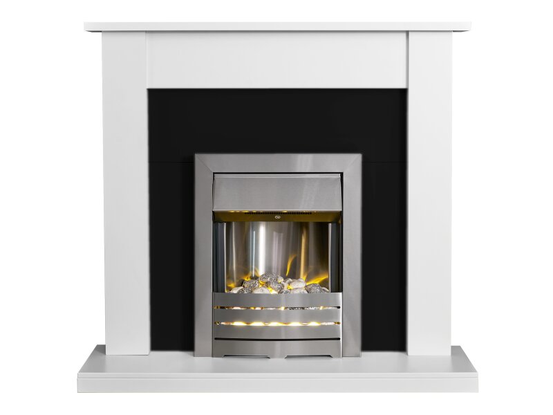 Adam Sutton Fireplace in Pure White & Black with Helios Electric Fire in Brushed Steel, 43 Inch