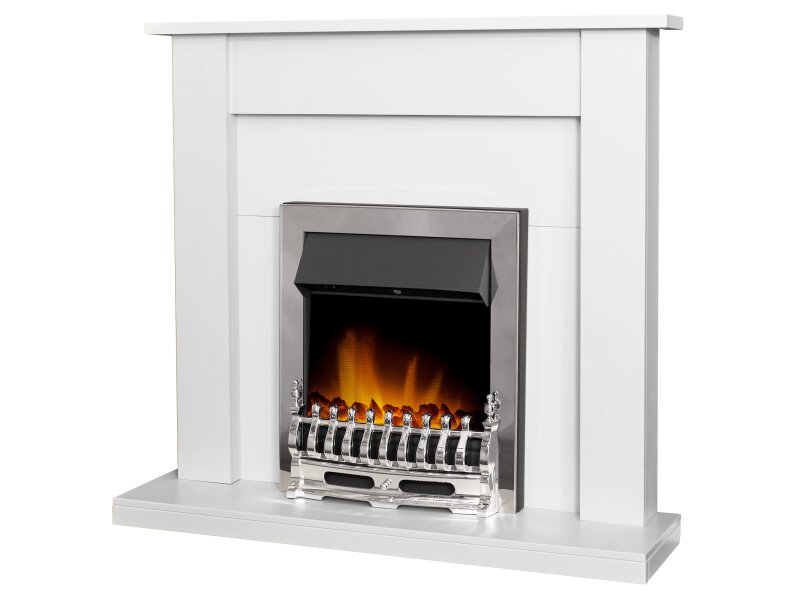 Adam Sutton Fireplace Pure White & Black w Blenheim Electric Fire Chrome, 43 Inch