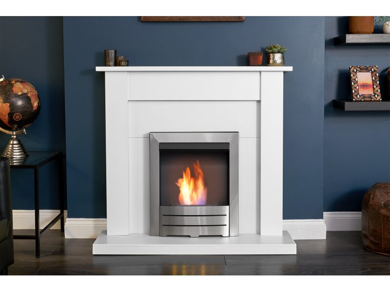 Adam Sutton Fireplace Pure White & Black w Colorado Bio Ethanol Fire Brushed Steel, 43 Inch