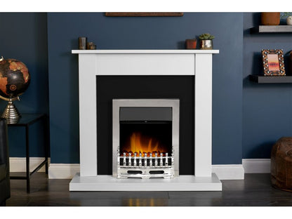 Adam Sutton Fireplace Pure White & Black w Blenheim Electric Fire Chrome, 43 Inch