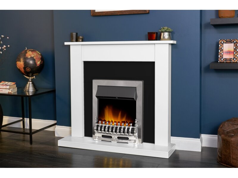 Adam Sutton Fireplace Pure White & Black w Blenheim Electric Fire Chrome, 43 Inch