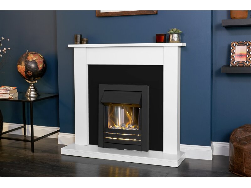 Adam Sutton Fireplace in Pure White & Black with Helios Electric Fire in Black, 43 Inch