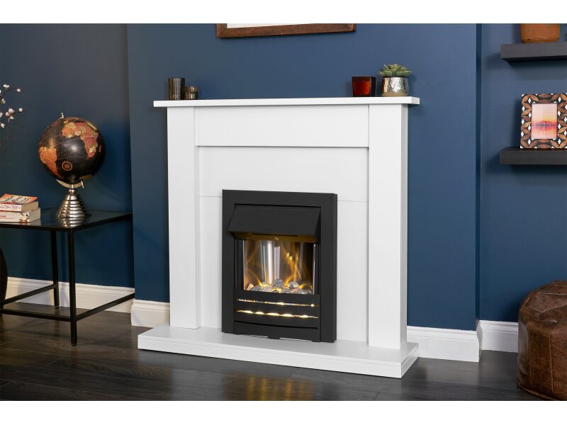 Adam Sutton Fireplace in Pure White & Black with Helios Electric Fire in Black, 43 Inch
