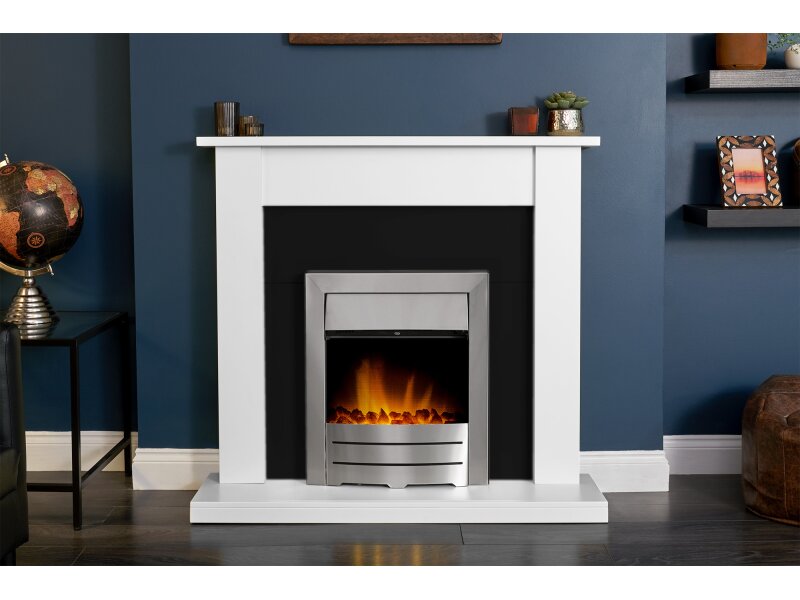 Adam Sutton Fireplace in Pure White with Colorado Electric Fire in Brushed Steel, 43 Inch