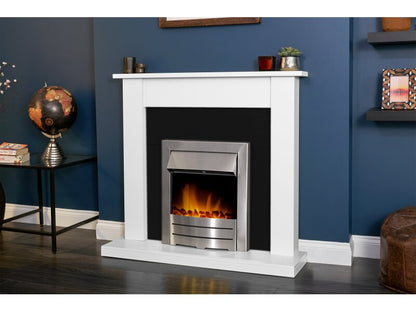 Adam Sutton Fireplace in Pure White with Colorado Electric Fire in Brushed Steel, 43 Inch