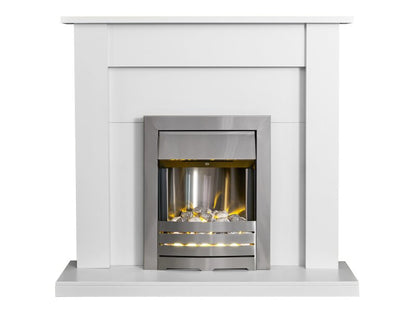 Adam Sutton Fireplace in Pure White & Black with Helios Electric Fire in Brushed Steel, 43 Inch