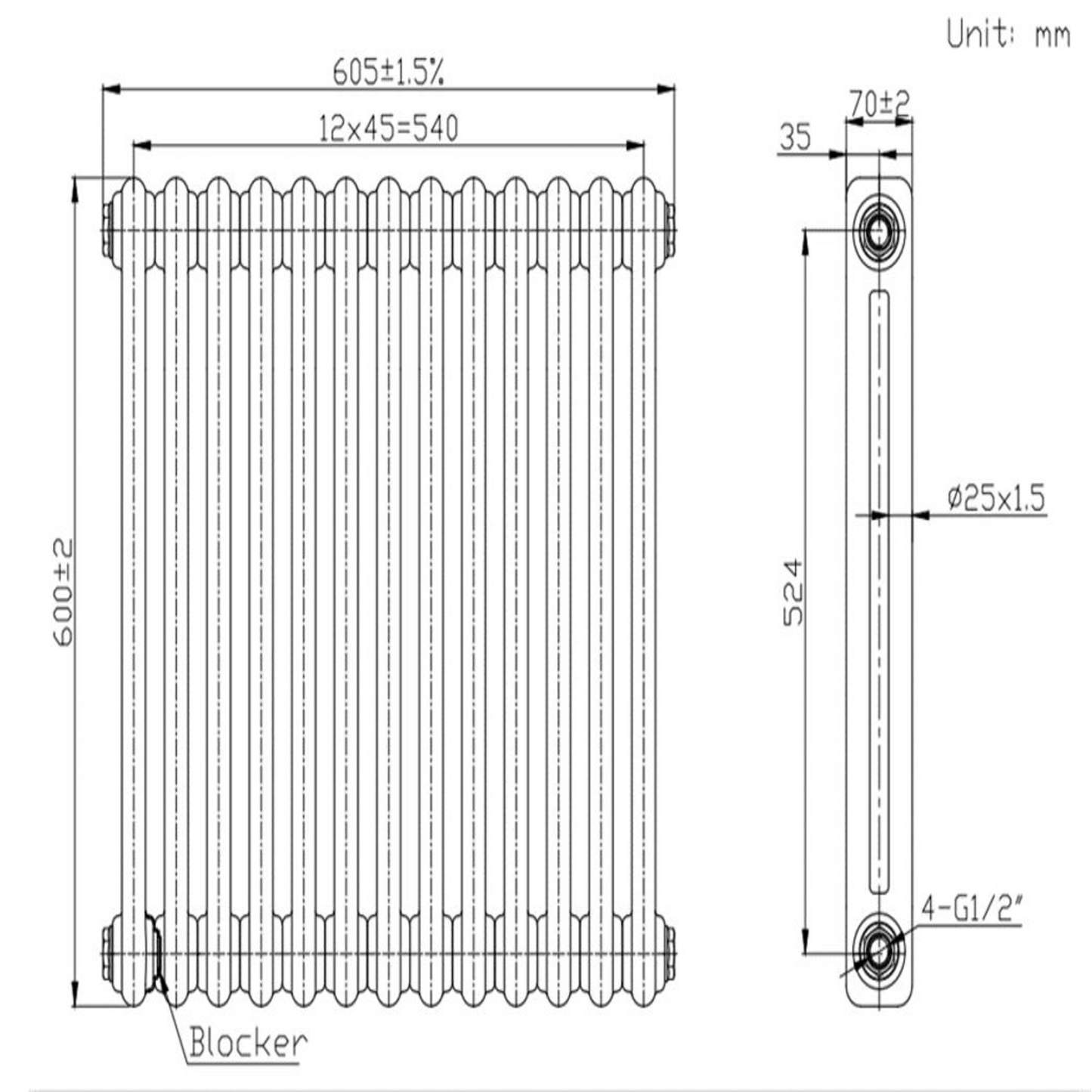White Horizontal 2 Column Traditional Radiator 600 x 605mm - Nambi