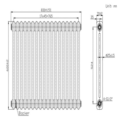 White Horizontal 2 Column Traditional Radiator 600 x 830mm - Nambi