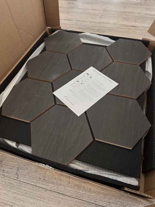 Fuse Acoustic Wooden Hexagon Wall Panel in Charcoal Oak BOX of 4 Panels - CLEARANCE