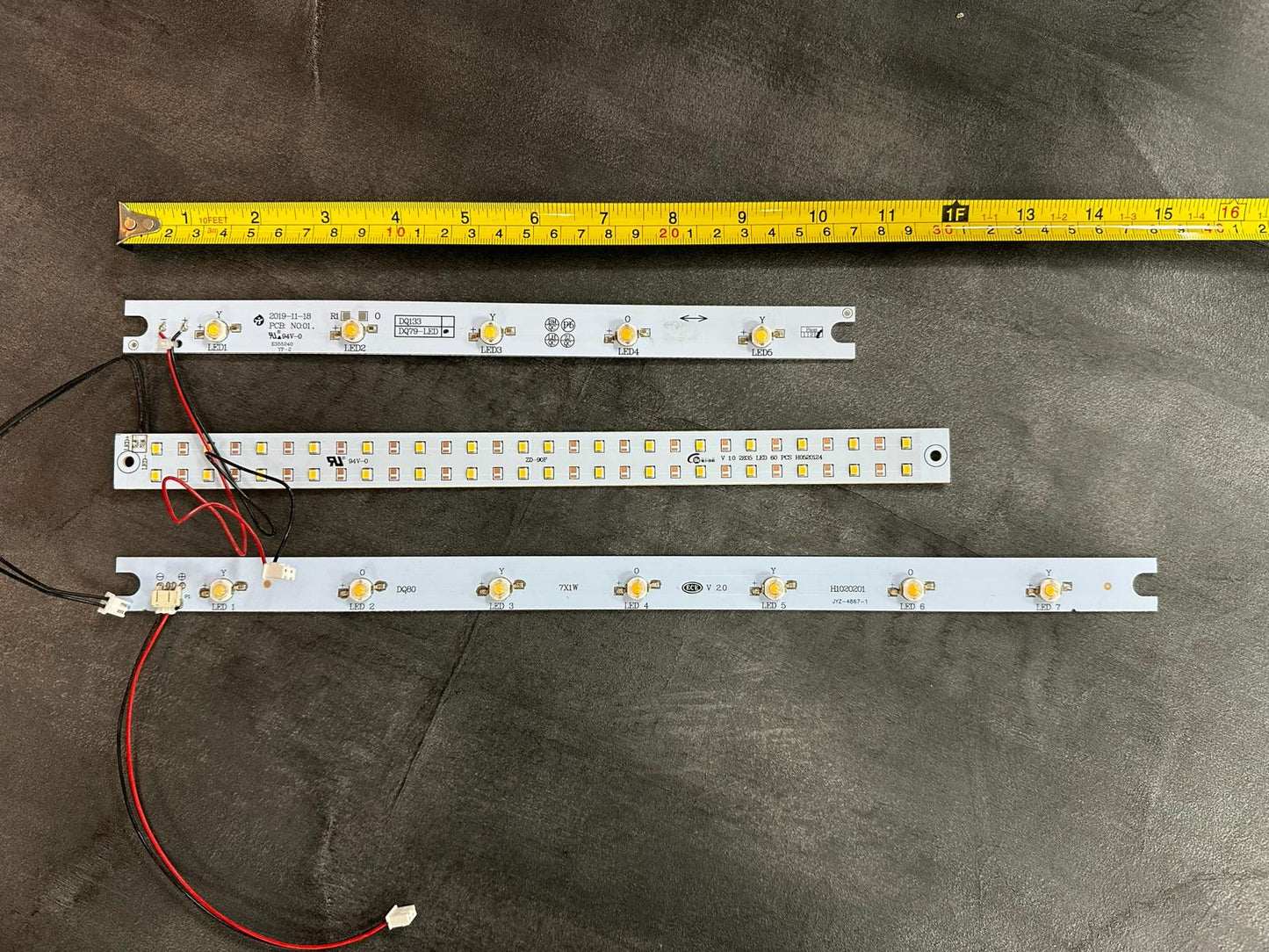 3 LED Strips for Adam fires with tape measure for size comparison 