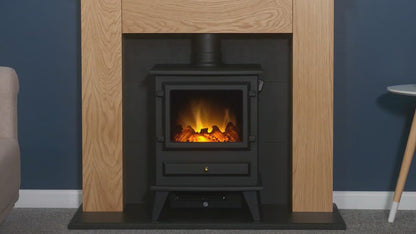 Adam New England Stove Fireplace Oak & Black + Hudson Electric Stove Grey, 48"