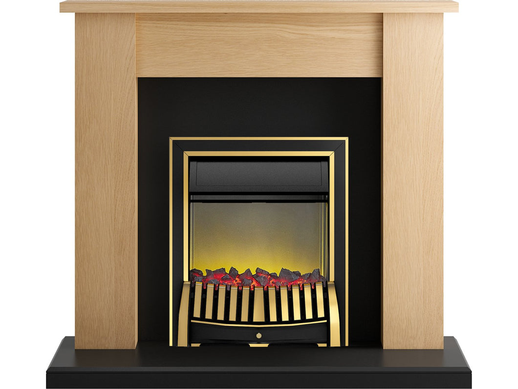 Adam New England Fireplace Suite in Oak and Black with Elan Fire in Brass, 48 Inch