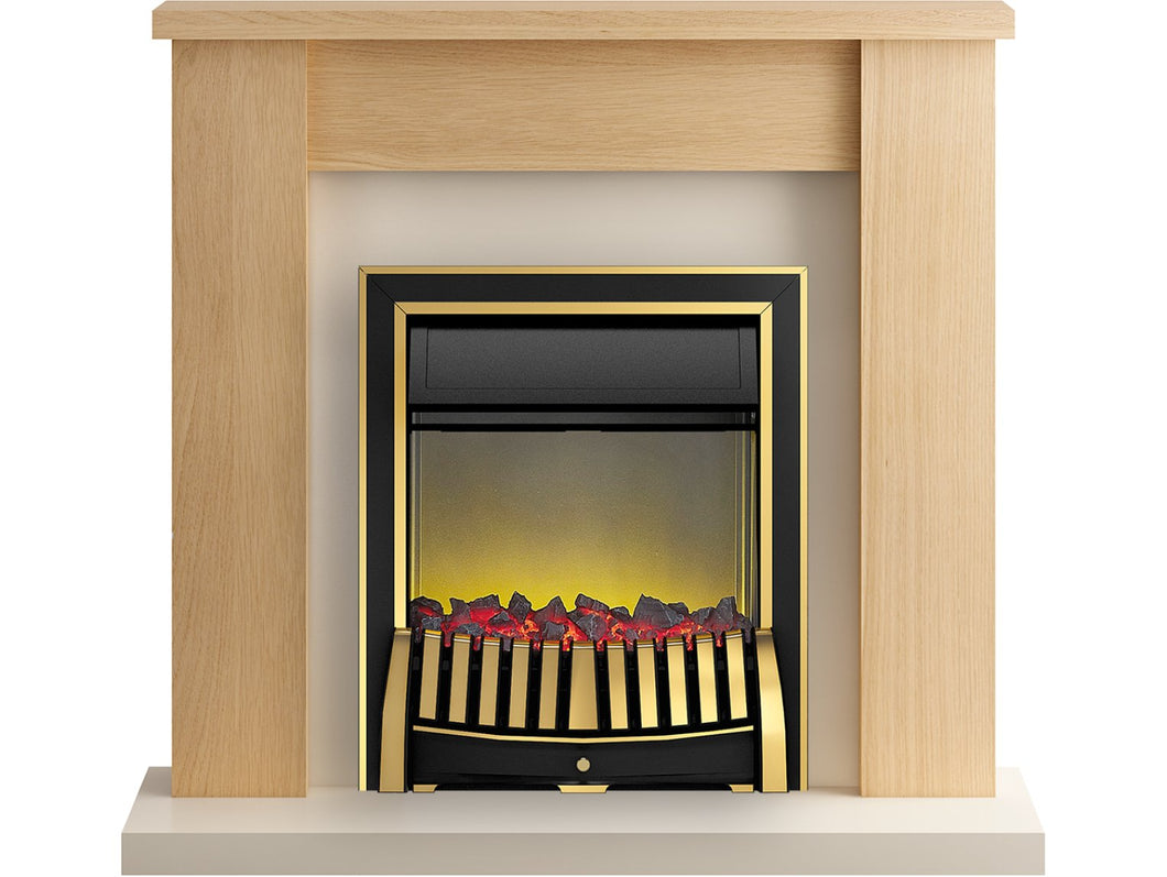 Adam Solus Fireplace Suite in Oak with Elan Electric Fire in Brass, 39 Inch