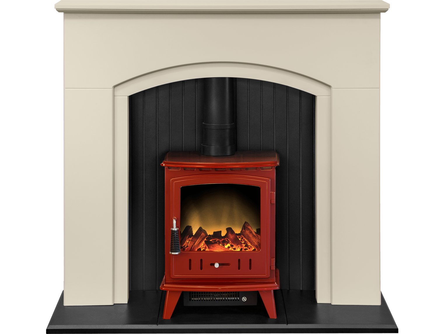 Adam Rotherham Stove Suite in Stone Effect with Aviemore Electric Stove in Red Enamel, 48 Inch
