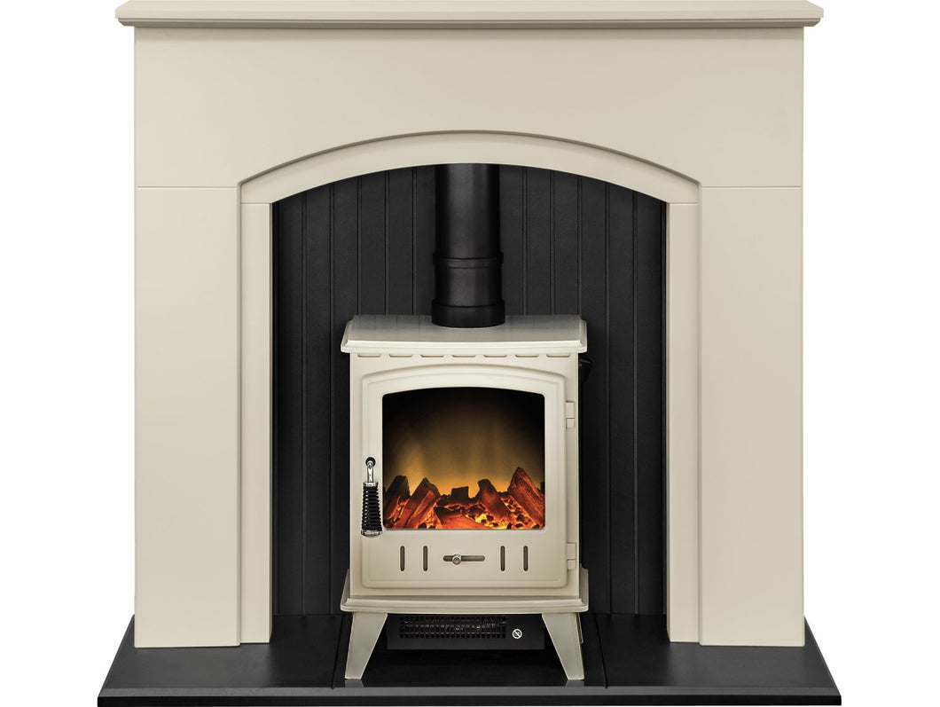 Adam Rotherham Stove Suite in Stone Effect with Aviemore Electric Stove in Cream Enamel, 48 Inch