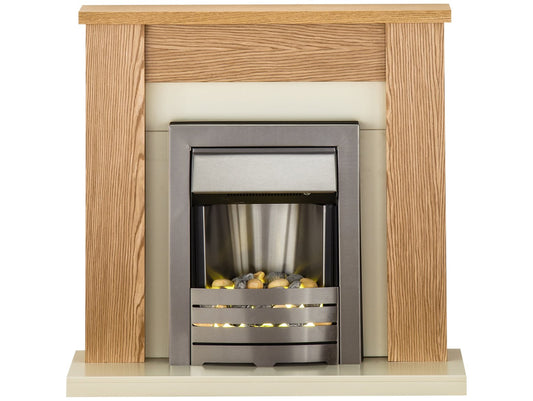 Adam Solus Fireplace Suite in Oak with Helios Electric Fire in Brushed Steel, 39 Inch